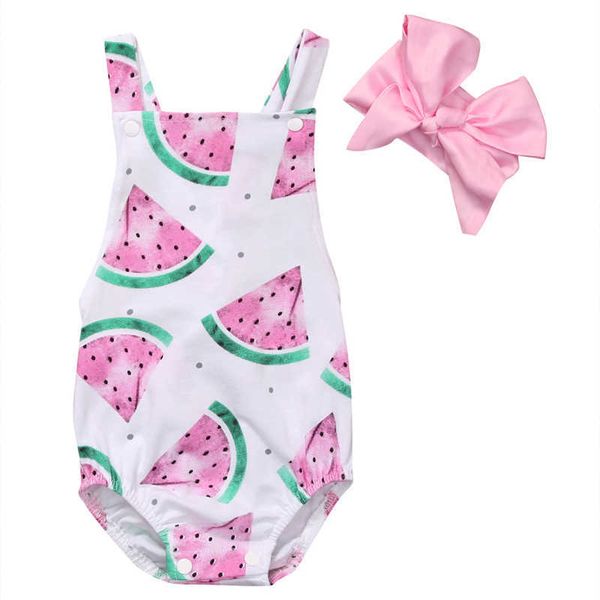 Strampler 2020 Neugeborenes Baby Mädchen Strampler Kleidung Sommer ärmellos Wassermelone rückenfrei Overall Stirnband 2 Stück Outfits Sunsuit J220922