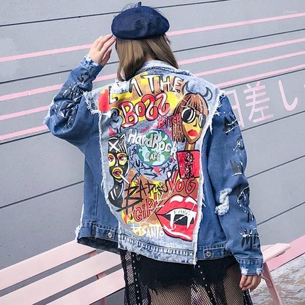 Damenjacken Frauen Buchstaben Graffiti Harajuku Denim Jacke 2022 Herbst Abstraktes Muster Ripped Hole Jean Mantel Weibliche Bomber Lose Lässig