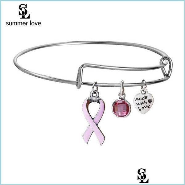 Bracciale Cancro al seno Nastro rosa Cristallo Fascino Filo Braccialetti Bracciale Fatto a mano con amore Braccialetti Gioielli regolabili Regalo Bdejewelry Dhskm