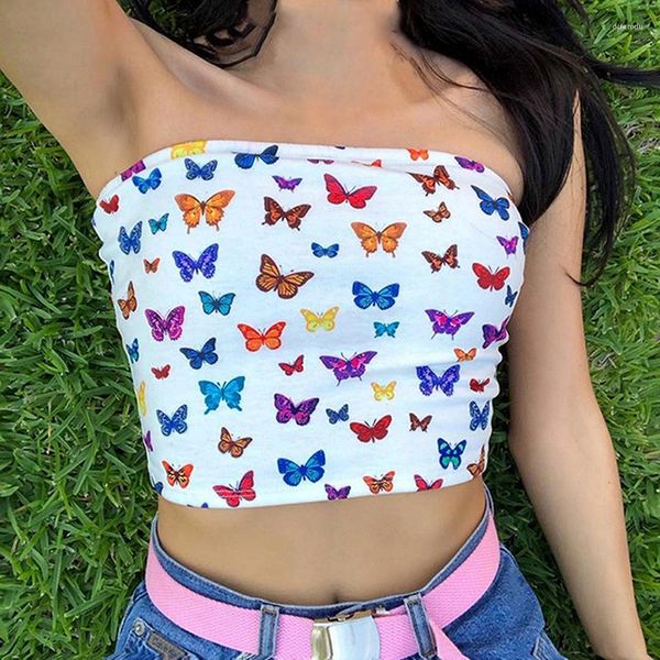 Tanques femininos Summer Mulheres Sexy Butterfly Print Tube tops Strapless White Bandeau sem mangas de sutiã embrulhada Tamanho do peito S-L