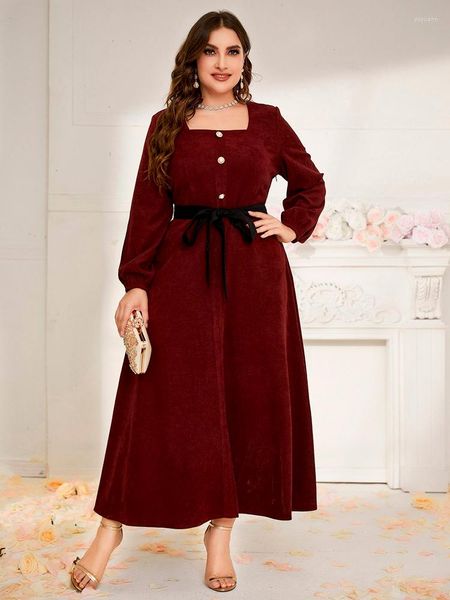 Vestidos de tamanho grande Toleen African Maxi Dress 2022 Chic e elegante roupa de outono de outono Mulheres Lady Solid Red Roupas soltas com cinto de gravata