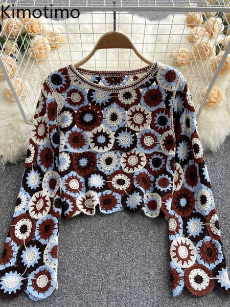 Camisolas femininas Kimotimo Design Crochet Sweater Hollow Mulheres 2022 Novo colheita de moda do pescoço redondo Top francês de manga longa Y2K suéter J220915