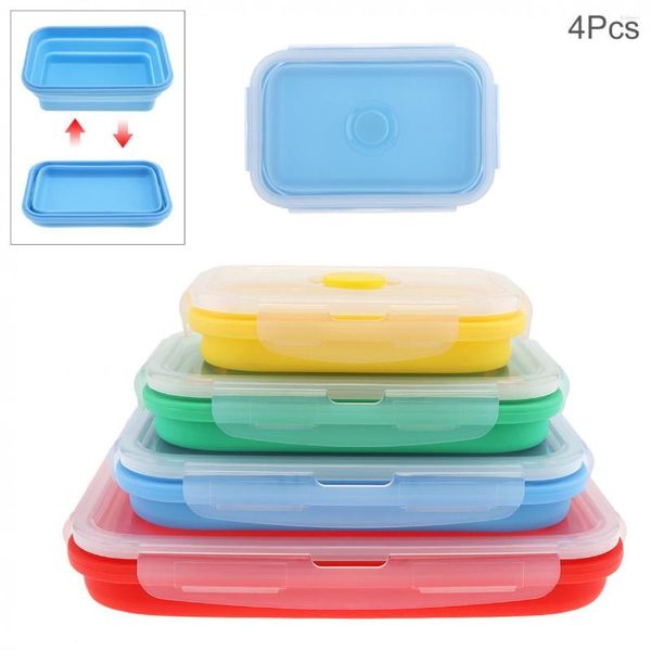 Set di stoviglie 4 pz/lotto 350/500 800 1200 ML Portatile Rettangolo In Silicone Scalabile Pieghevole Lunchbox Bento Box Con Tappo di Tenuta