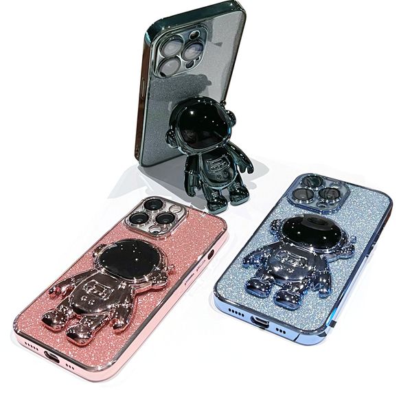 3D Astronaut Glitter Stand Phone Hüllen für iPhone 14 Pro Max 13 12 11 XR XS Elektropliertes Luxus -Frauen Schutzschutzschockdicht Anti -Fall