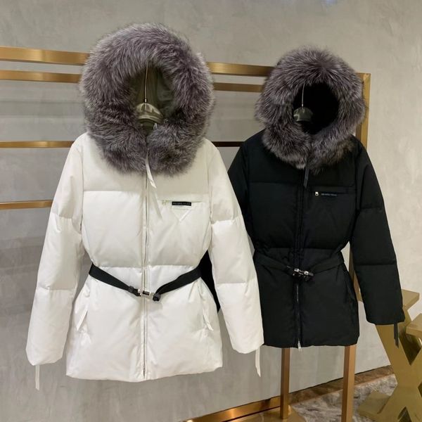 Kadın Kış Ceketleri Aşağı Uzun Ceket Üst Tilki Kürk Kürk Püskürtme Puffer Moda Yakası Sıcak Parkas Kemer Lady Palto Dış Giyim Cep