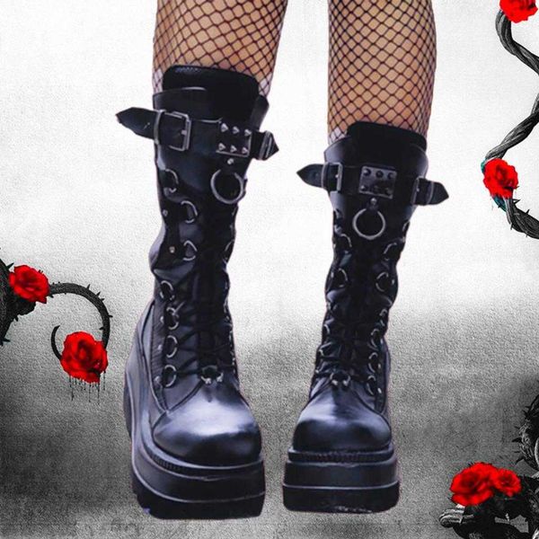 Botas 2024 outono inverno venda punk halloween bruxa cosplay plataforma cunhas altas saltos preto gótico bezerro mulheres sapatos tamanho grande 43