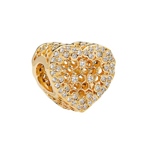 Accessori per gioielli in argento sterling 925 con perline alveare a forma di cuore d'amore placcato in oro giallo per braccialetti Pandora che creano ciondoli con cofanetto originale