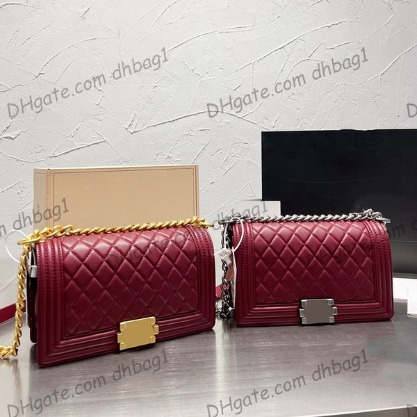 Borse da ragazzo trapuntate in pelle di agnello classica da donna Borsa in vera pelle Cinturino in metallo dorato argento Cinturino a tracolla a tracolla Borse da esterno Rosso Bianco Nero 25CM