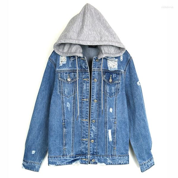 Damenjacken Abnehmbarer Hut Jeansjacke Frauen 2022 Frühling Herbst Langarm Denim Mantel Vintage zerrissen für Kleidung Chaquetas Femme