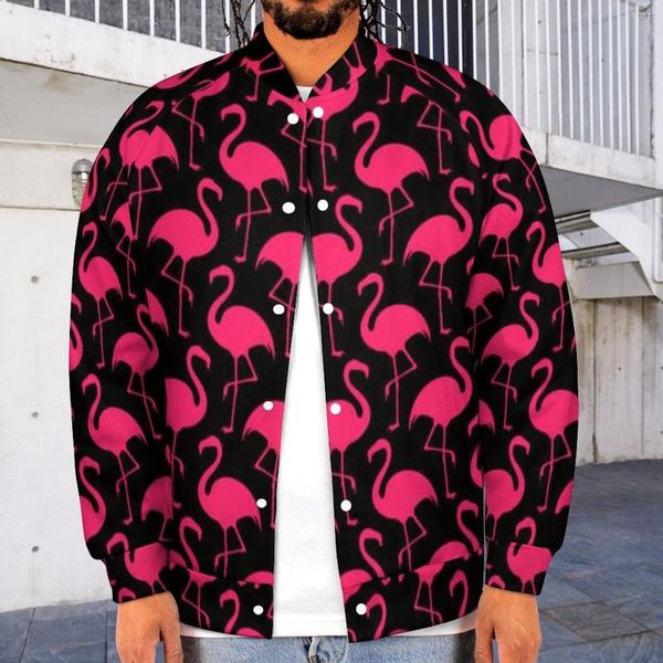 Jackets masculinos Casa de beisebol de beisebol de animal legal Padrão de flamingos rosa para homens Varsity Mangas compridas Harajuku College College Caats
