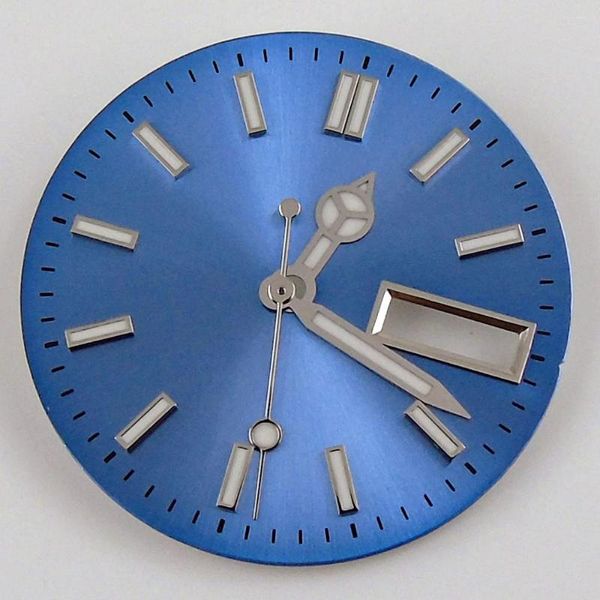 Assista aos kits de reparo 29mm Dial Face com as mãos ajustadas para NH36/NH36A DATA/DIA Janela do calendário azul