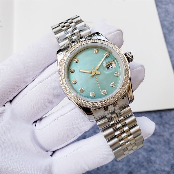 Neue Frauen Männer Automatische Mechanische Kalender Uhren Paare Edelstahl Himmel Blau Zifferblatt Armbanduhr Weibliche Geometrische Quadratische Eis Diamant Uhr wasserdicht 36mm