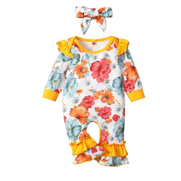 Rompers meninas roupas de macacão Roupa Spring Recém -nascida Bebes Romper 024M Toddler Infant Floral Jumpsuits Roupa de fita para a cabeça Crianças J220922