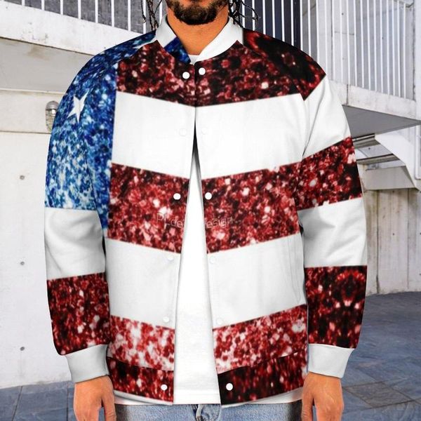 Giacche da uomo Bandiera americana Giacca da baseball rossa blu Finte scintille Luccica Trendy Moda vintage Varsity Inverno per uomo Cappotti