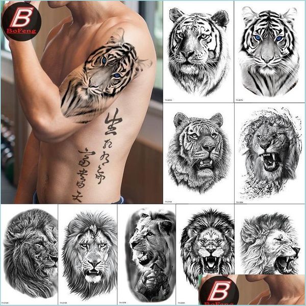 Party Decoratie Waterdichte Tijdelijke Tattoo Sticker Bos Leeuw Tijger Beer Flash Tattoos Vrouwen Luipaard Wolf Kroon Body Art Arm nep Dha2O