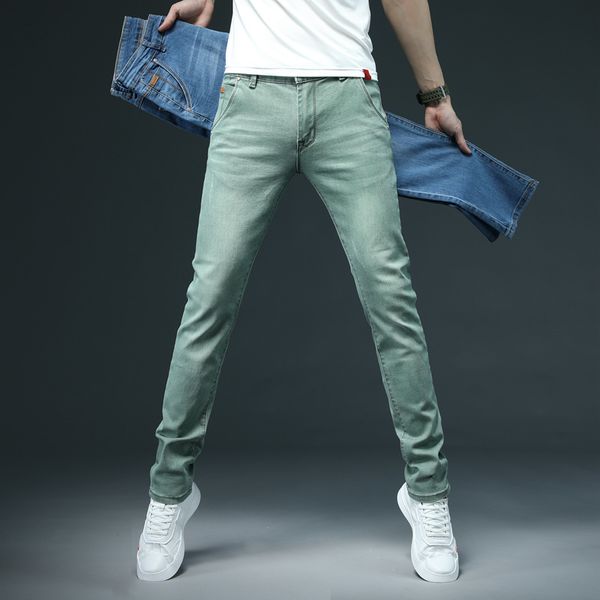 Мужские джинсы 7 Цвет мужчины растягиваемые тощие модные повседневные джинсовые брюки мужчина сине -зеленый черный хаки белые брюки 220923