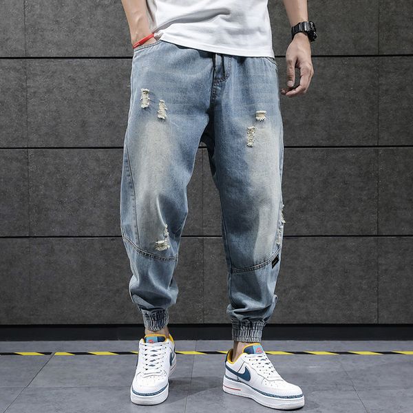 Мужские джинсы лето разорванная мода негабаритная корейская эластичная талия длина лодыжки гарема для брюк для мужчин 220923
