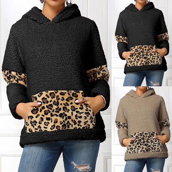 Kadın Hoodies Kadın Sweatshirts 2022 Kış Leisure Leopar Baskılı Cep Peluş Peluş Yuvarlak Boyun Uzun Kollu Kazak Hoodie