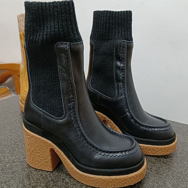 Botas de tornozelo da moda para feminino de luxo de luxuoso elasicidade de junção de junção de cores mixadas meias sapatos redondos redondos saltos grossos chelsea half bota 35-42