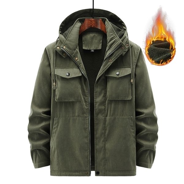 Mens Down Parka Winter Cargo Giacca militare da uomo spesso caldo verde con cappuccio vestiti più velluto moda oversize 5XL 6XL tasca cappotto 220923