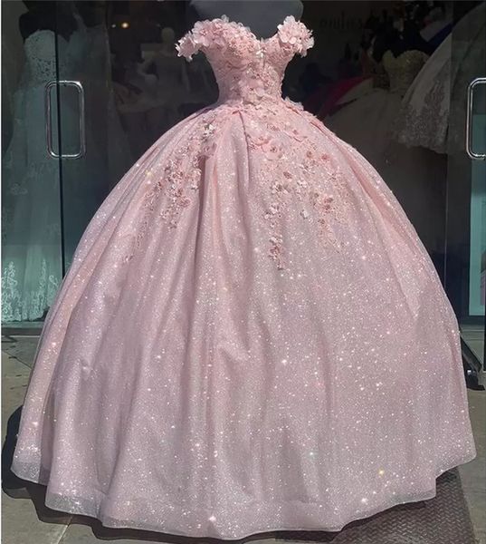 Lavendel Bling Pailletten Spitze Sweet 16 Quinceanera Kleider 2022 Schulterfrei 3D Blumenapplikation Perlen Korsett Kleid Vestidos De 15 Anos