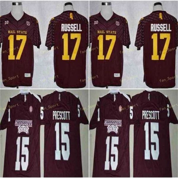 SJ Ucuz Mississippi Eyaleti Dak Prescott College Futbol Formaları Ucuz Retro #15 Dak Prescott Retro Red Üniversitesi Futbol Gömlekleri