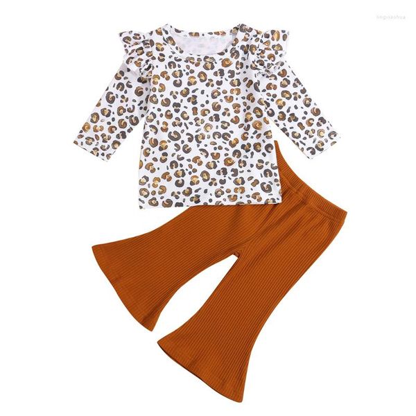 Conjuntos de roupas 2022 6m-4t 2pcs meninos meninos garotas de babados com estampa de leopardo de manga longa calças de t-shirt calças de flausa larga de perna larga