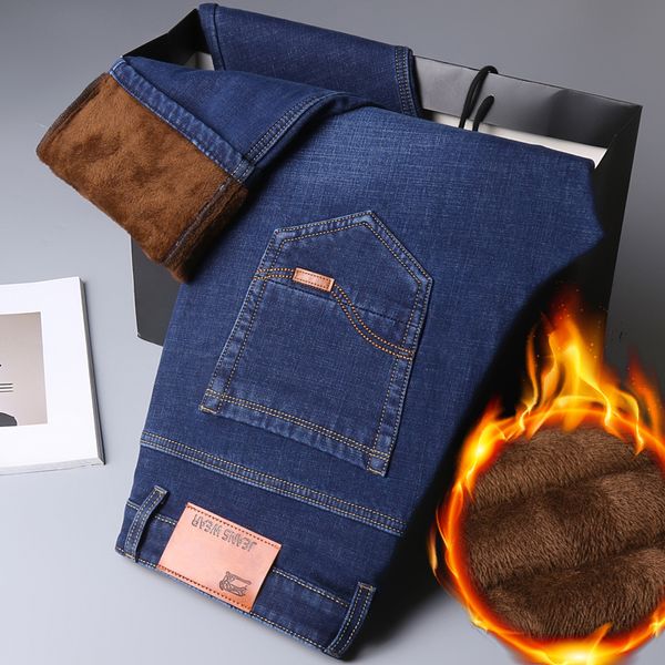 Jeans da uomo Classic Casual Winter Business Pantaloni dritti in pile spesso e caldo in cotone elasticizzato a vita media alta 220923