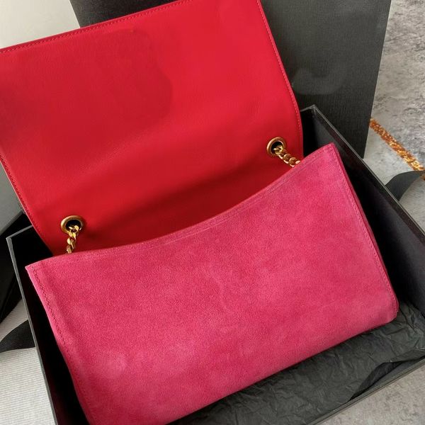 Designer Retro Gold Chains Hot Pink Shoulder Bag Medium Reversible Bag in Suede and Plain Leather Cross Body Purse Double Face Baguette Magnetic Closure Flap Handbag