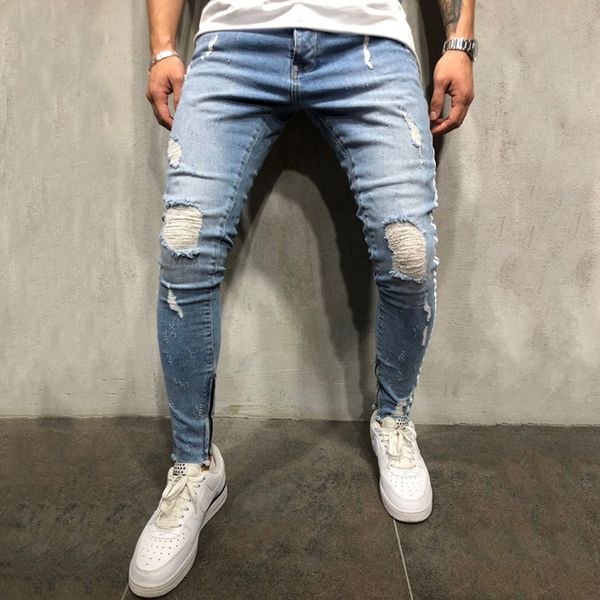 Jeans masculino masculino masculino lateral lateral branco jeans skinny buraco de joelho rasgado rasgado de alta qualidade slim fit jeants 220923