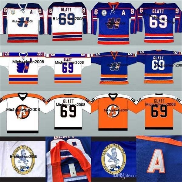 Gla MitNess Goon Custom 69 Doug The Thug Glatt Jersey Blau Weiß Movie Hockey Jerseys genäht