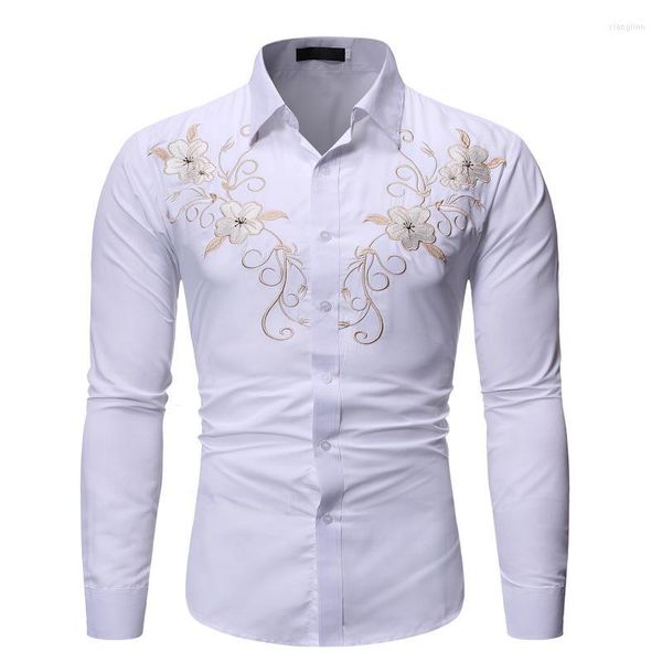 Camicie casual da uomo Camicia a maniche lunghe da uomo Stile britannico Ricamo giovanile Risvolto aderente Bianco Nero Designer