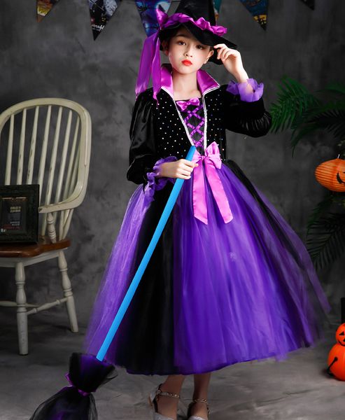 2022 Mode Halloween Mädchen Kleider Kinder Kleidung Zauberer Kostüm Kinder Leuchtende Langarm Cos Weihnachten Klassische Hexe Prinzessin Kleid