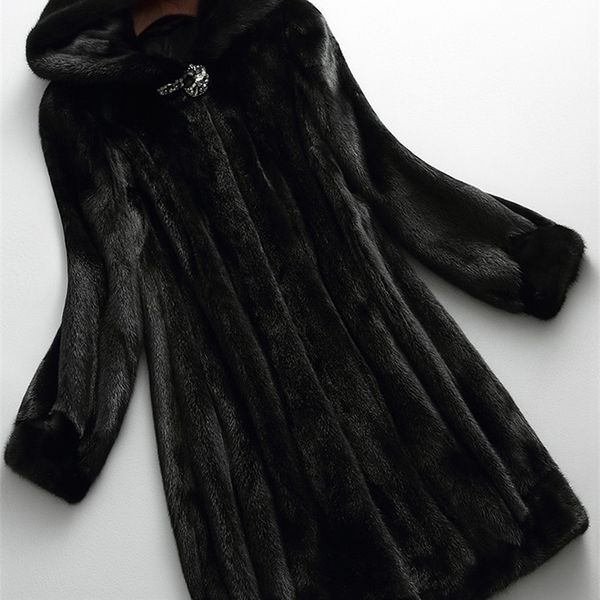 Mulheres de pele falsa pele Lautaro inverno luxo longo preto falso vison casaco de pele mulheres com capuz manga comprida elegante grosso quente fofo casaco peludo 6xl 7xl 220923