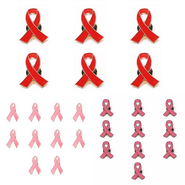 Damen Broschen Schmuck Red Ribbon Abzeichen Pins für HIV-Prävention Pink Ribbon Abzeichen Pin Brustkrebsbewusstsein