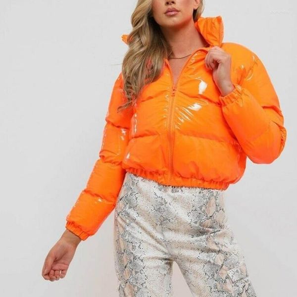 Kadın Ceketleri Kadınlar 2022 Neon Renkli Kadınlar Down Ceket Uzun Kollu Parka Parka Stand Yakası Kış Sıcak Ceket Aynası Düz ​​fermuar Palto