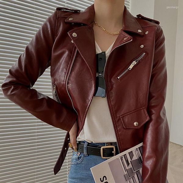 Couro feminino feminino Faux coreano Slim Soft Women Plus Belt Lapeel Slave Motocicleta Pu Blue Coat Ladies Biker casual