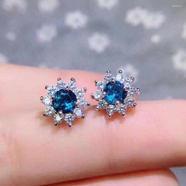 Orecchini a bottone fiore naturale topazio azzurro cielo pietra preziosa per le donne gioielleria moda argento sterling 925