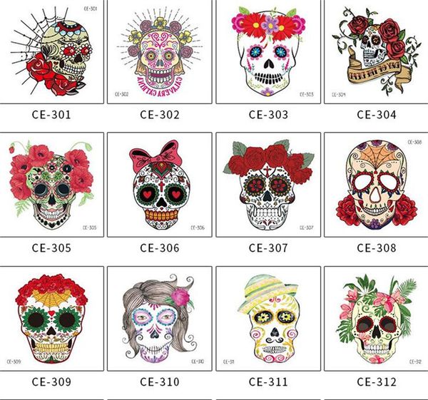 Party-Masken, Halloween, temporäre Gesichts-Tattoos, Zuckerschädel, Welpe, schwarzes Skelett, Netz, rote Rosen, Tattoo für Kinder, Jungen und Mädchen
