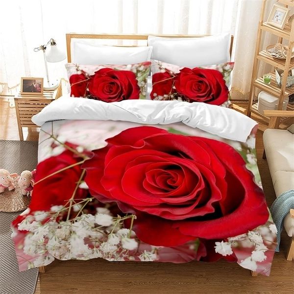 Conjuntos de cama Conjunto de capa de edredão de flores rosa conjunto de roupas de cama de microfibra da rainha gêmea para o dia dos namorados dia das mães diariamente capa de colcha de poliéster 220924