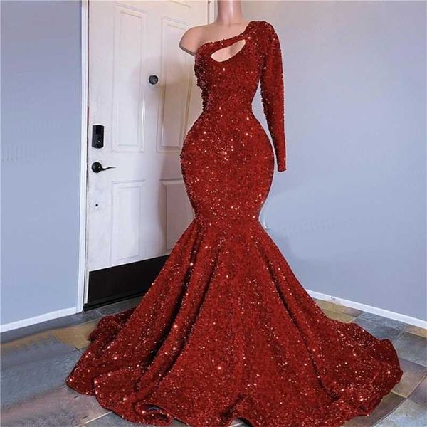 Partykleider Langes Abendkleid Sparkly Glitter Pailletten Sexy Top Afrikanisches Mädchen Meerjungfrau Eine Schulter Rot Ankunft 220923