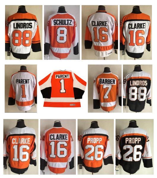 SL Vintage CCM Bobby Clarke Flyers Hokey Jersey Bernie Ana Bill Barber Brian Propp Ron Hextal Eric Lindros Turuncu Beyaz Siyah Boyut S-XXXL