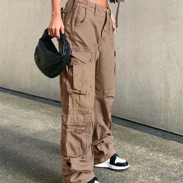 Calças femininas Capris Rapcopter Ruched Big Pockets Cargo Jeans Retro Sporty Low Wisther Troushers Brown Fashion Streetwear Denim Jogger 220922