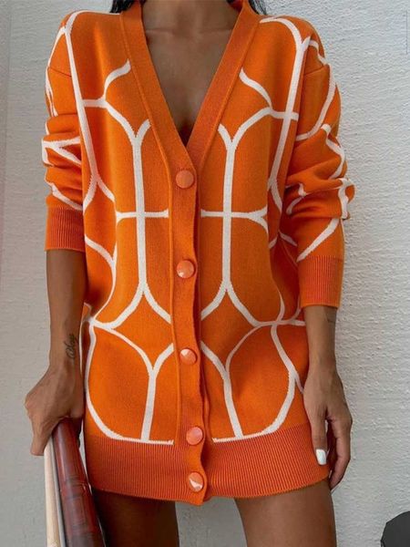 Frauenpullover Strickjacke Frauen Orange V-Ausschnitt Einreiher Lose Dame Strickjacken 2022 Herbst Winter Lässige warme lange Ärmel Frau Pullover T220925