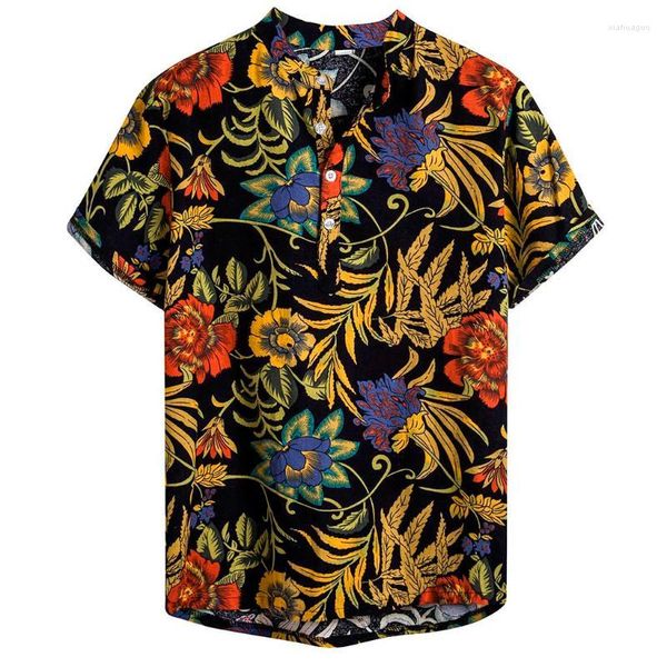 Herren-T-Shirts, Herren-T-Shirts, Herren-Ethno-Hemd, Retro-Blumenmuster, kurzärmelig, klassisches Herrenkleid, Baumwolle, Leinen, Druck, hawaiianisch