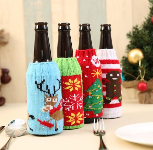 Weihnachten gestrickte Weinflaschenhülle Partybevorzugung Weihnachten Bier Weine Taschen Weihnachtsmann Schneemann Elch Bierflaschenhüllen SN4896