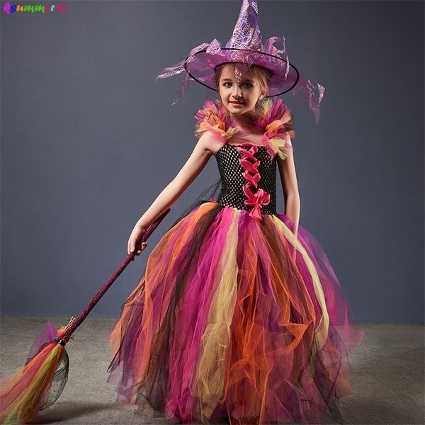 Occasioni speciali Costume di Halloween da strega malvagia per ragazze Abito magico colorato Abito tutu con cappello e scopa Bambini Cosplay Carnevale Abiti fantasia 220922