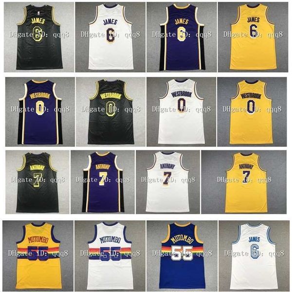 GLA Los Angeles Basketball Jersey Джеймс 6 Леброн Рассел 0 Уэстбрук Кармело 7 Энтони Джерси Дикембе 55 Mutombo Purple Yellow White Black Size