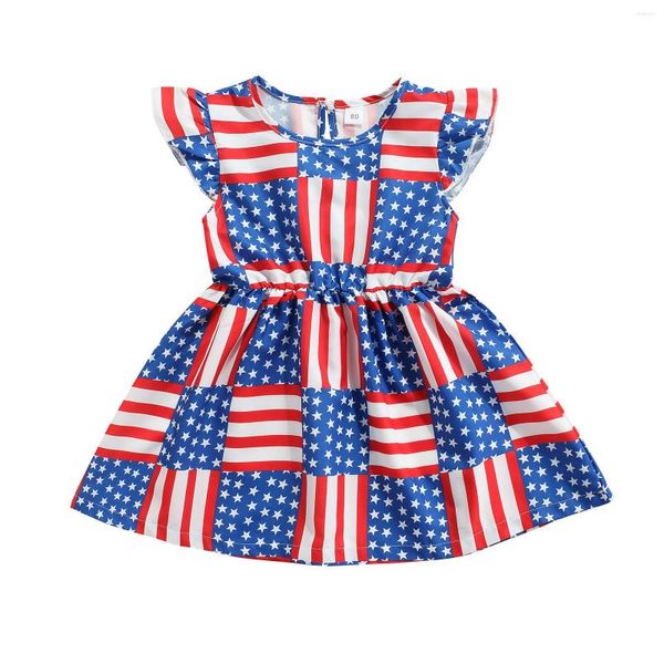 Mädchen Kleider Kind Kurzarm Kleid Unabhängigkeit Tag Dekoration Amerikanische Flagge Drucken Elastische Taille Sommer Kleidung