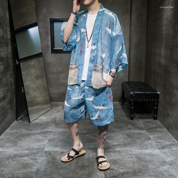 Men's Tracksuits 2022 Pássaro chinês impressão de pássaro chinês azul verão solto mole masculino de quimono shorts conjuntos de roupas masculino de 2 peças roupas de 2 peças